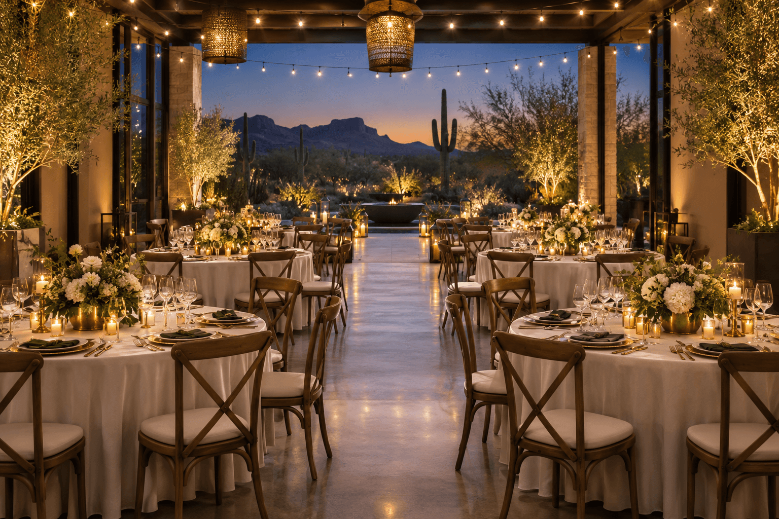 Elegant round tables with white linens, candles and flowers set for a gala dinner as the sun sets behind desert mountains